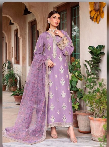 3 pieces Lilac Embroidered Organza Suit - Size Large 