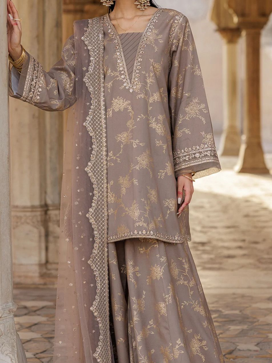 Raw Silk Printed Shirt with embroidered neckline & sleeved with trouser and dupatta