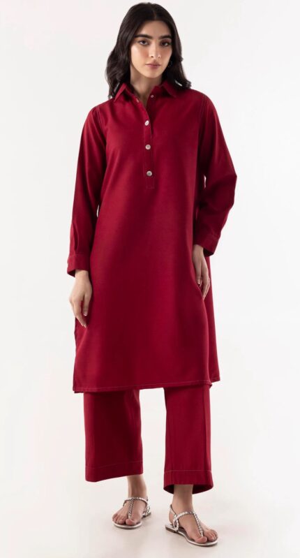 Maroon Slub Jacquard 2-Piece Set – Basic Cut, Effortless Elegance